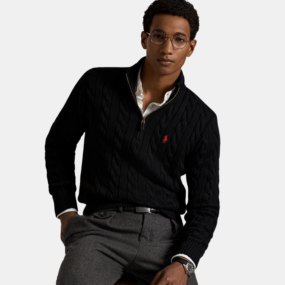 Ralph Lauren Cable - Knit Cotton Quarter - Zip Jumper (Black) - DIVA ONLINE STORE