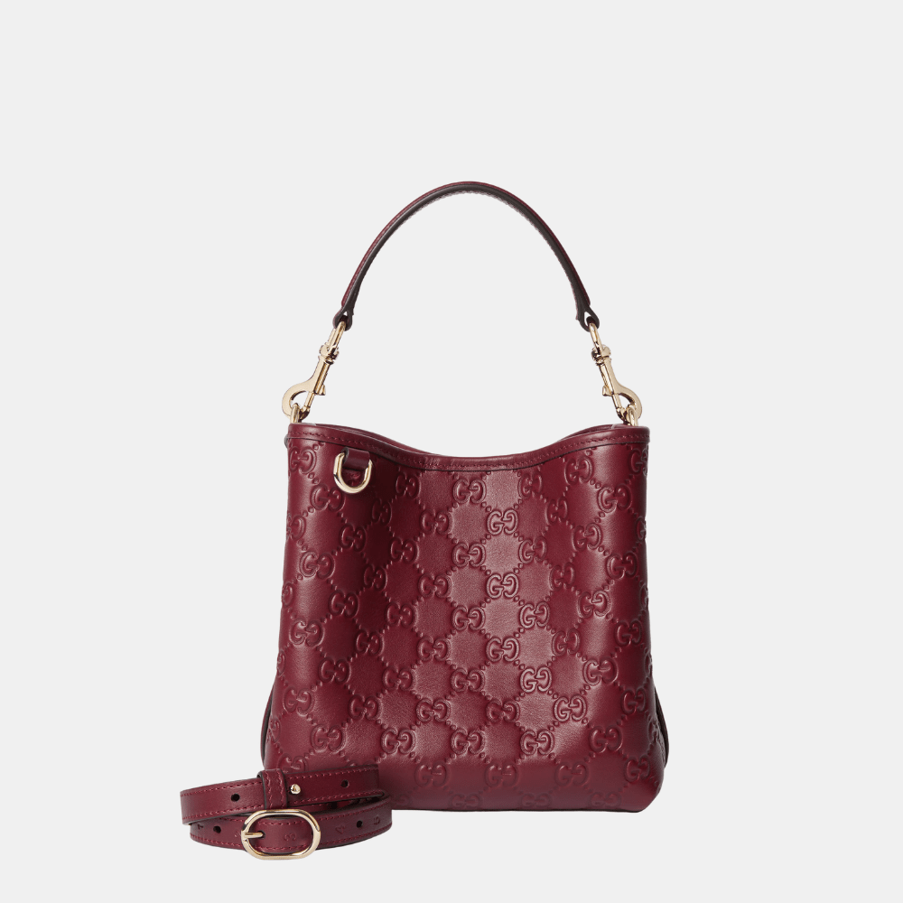 Gucci GG Emblem Small Bucket Bag In Rosso Ancora Red Leather - DIVA ONLINE STORE