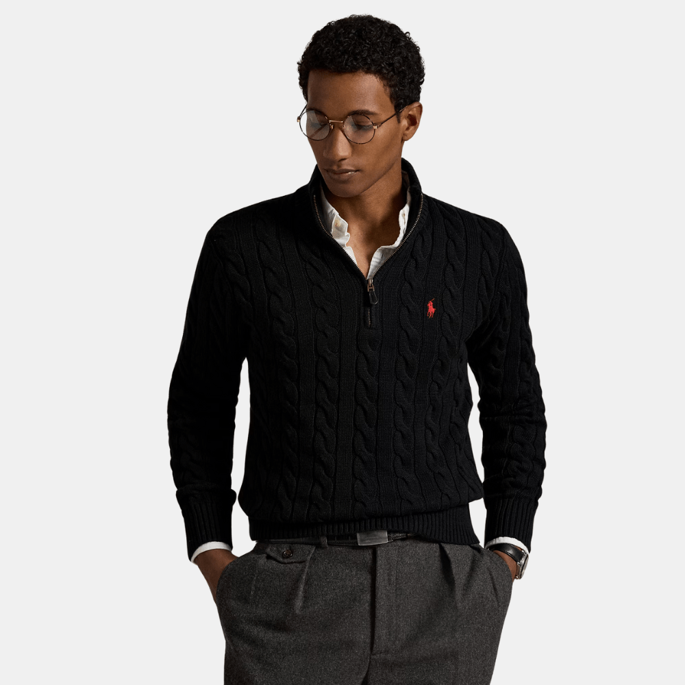 Ralph Lauren Cable - Knit Cotton Quarter - Zip Jumper (Black) - DIVA ONLINE STORE