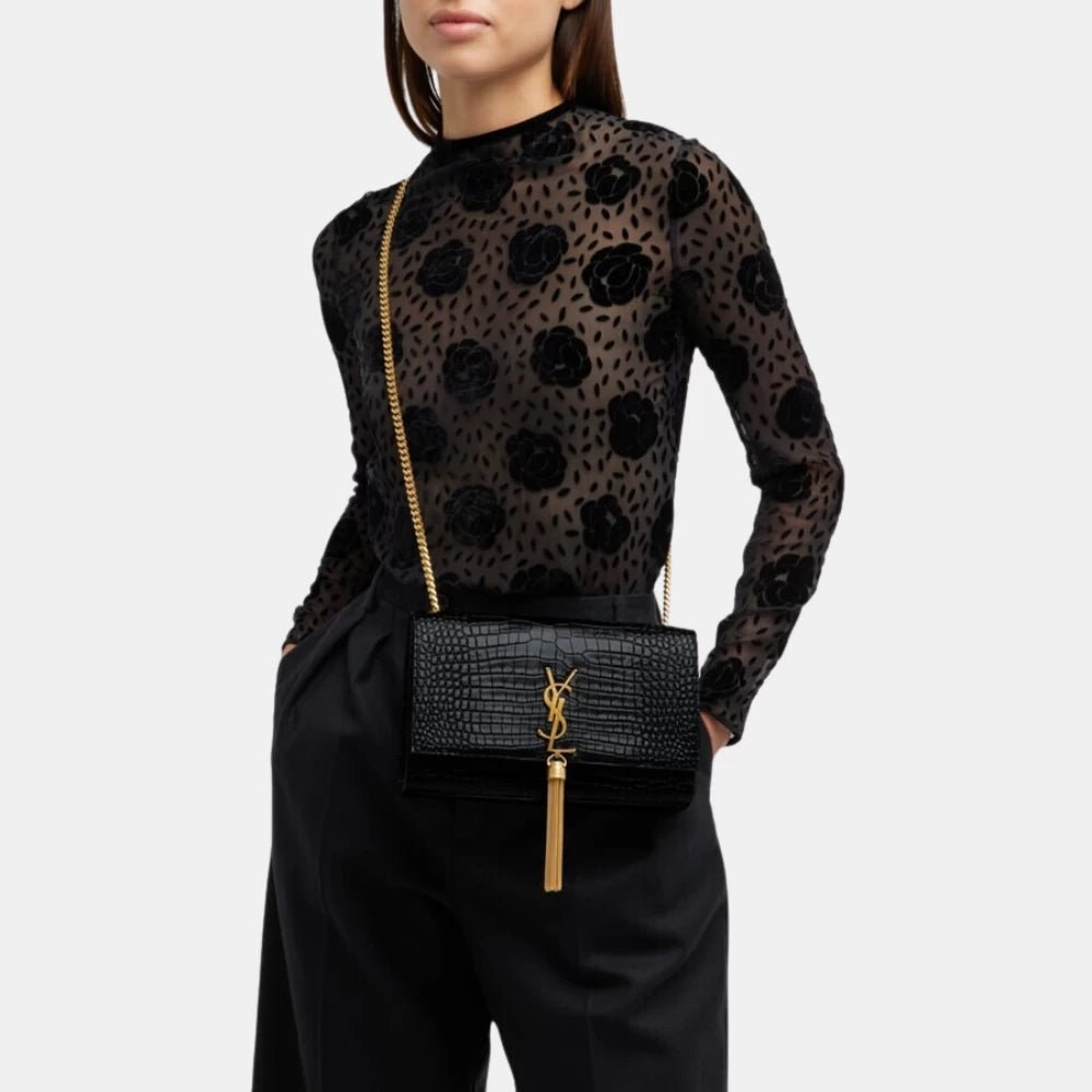 Saint Laurent Kate Medium Tassel In Croc - Embossed Leather (Black) - DIVA ONLINE STORE