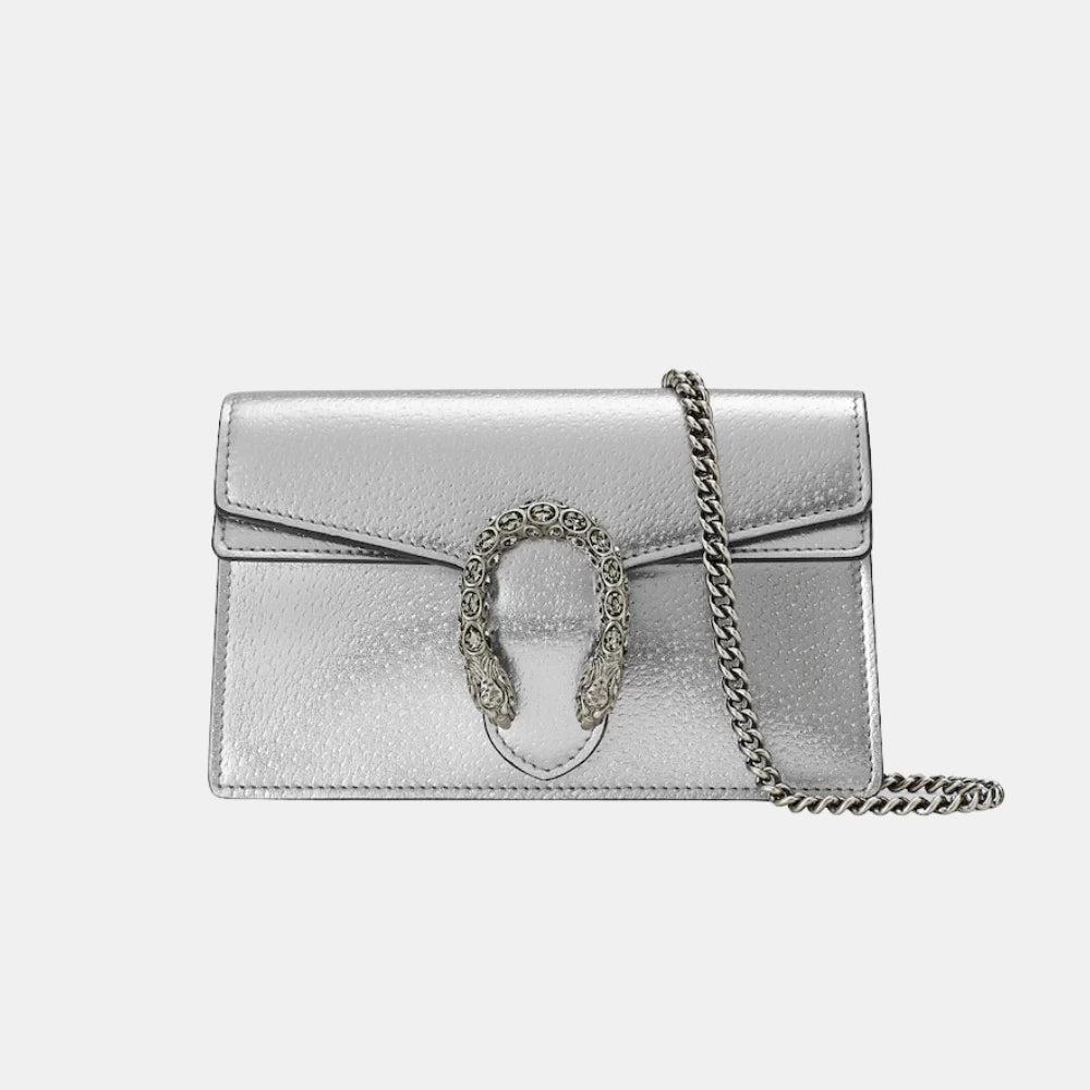 Gucci Dionysus Super Mini Bag in Silver Lamé Leather - DIVA ONLINE STORE