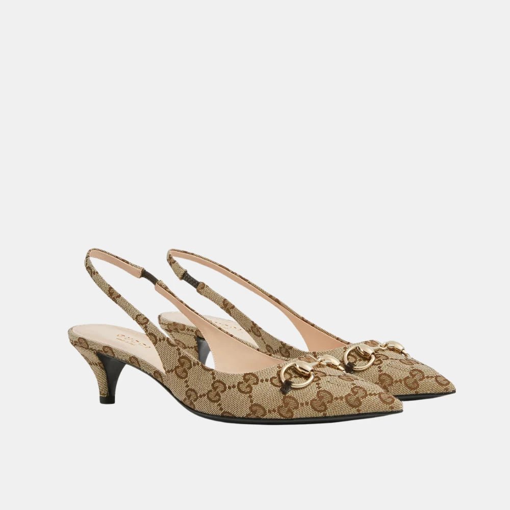 Gucci Beige And Ebony Horsebit Slingback Pumps - DIVA ONLINE STORE