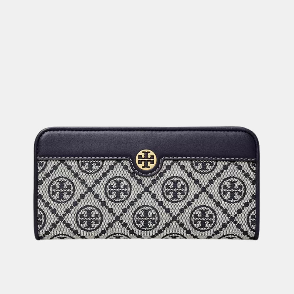 Tory Burch T Monogram Jacquard Slim Zip Wallet (Navy) - DIVA ONLINE STORE