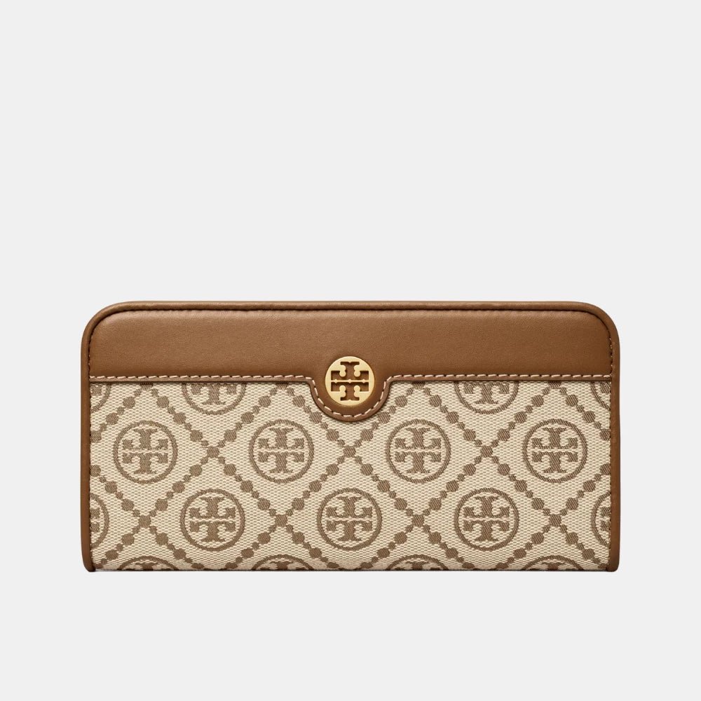 Tory Burch T Monogram Jacquard Slim Zip Wallet (Hazelnut) - DIVA ONLINE STORE