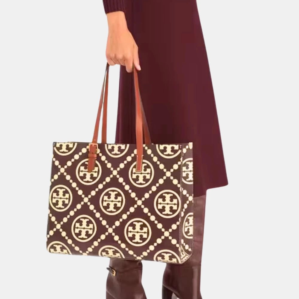 Tory Burch Large T Monogram Contrast Embossed Tote (Maroon) - DIVA ONLINE STORE