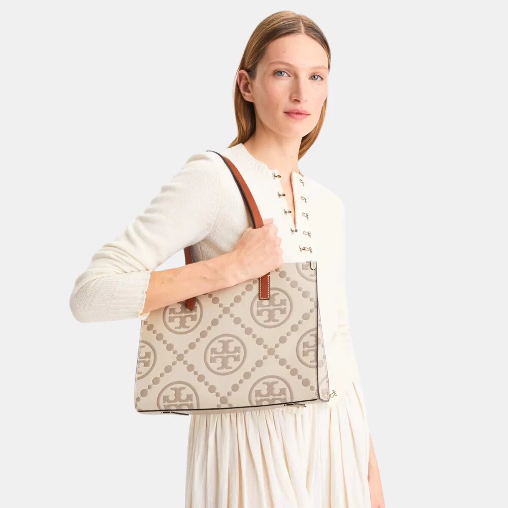 Tory Burch Small T Monogram Contrast Embossed Tote (Longan) - DIVA ONLINE STORE