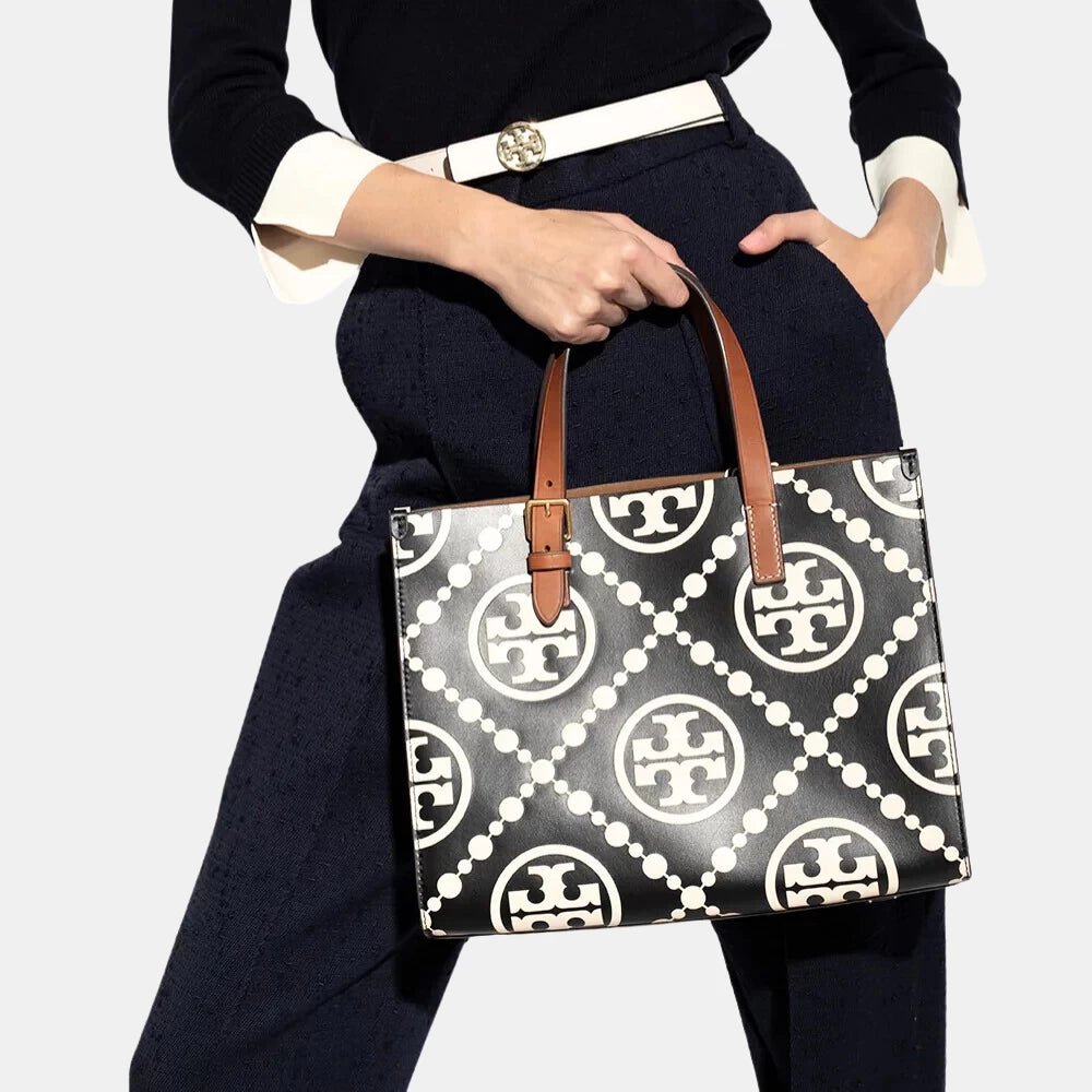 Tory Burch Small T Monogram Contrast Embossed Tote (Black) - DIVA ONLINE STORE