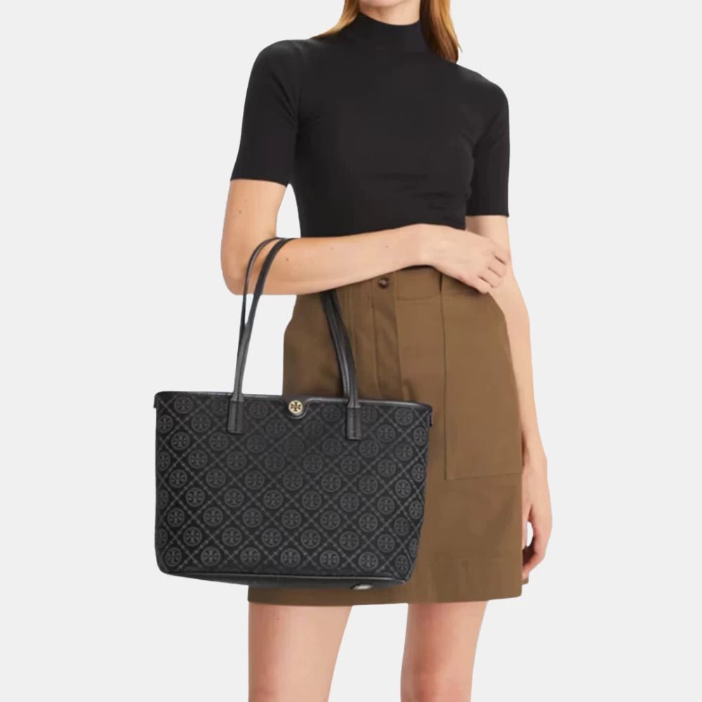 Tory Burch Small T Monogram Zip Tote (Black) - DIVA ONLINE STORE