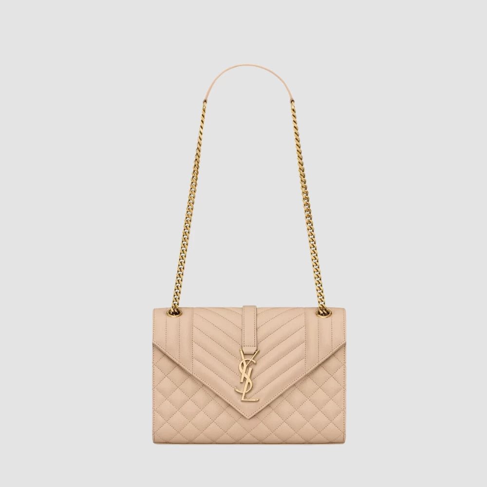 Saint Laurent Medium Envelope Flap Bag in Grain de Poudre Embossed Leather (Beige) - DIVA ONLINE STORE
