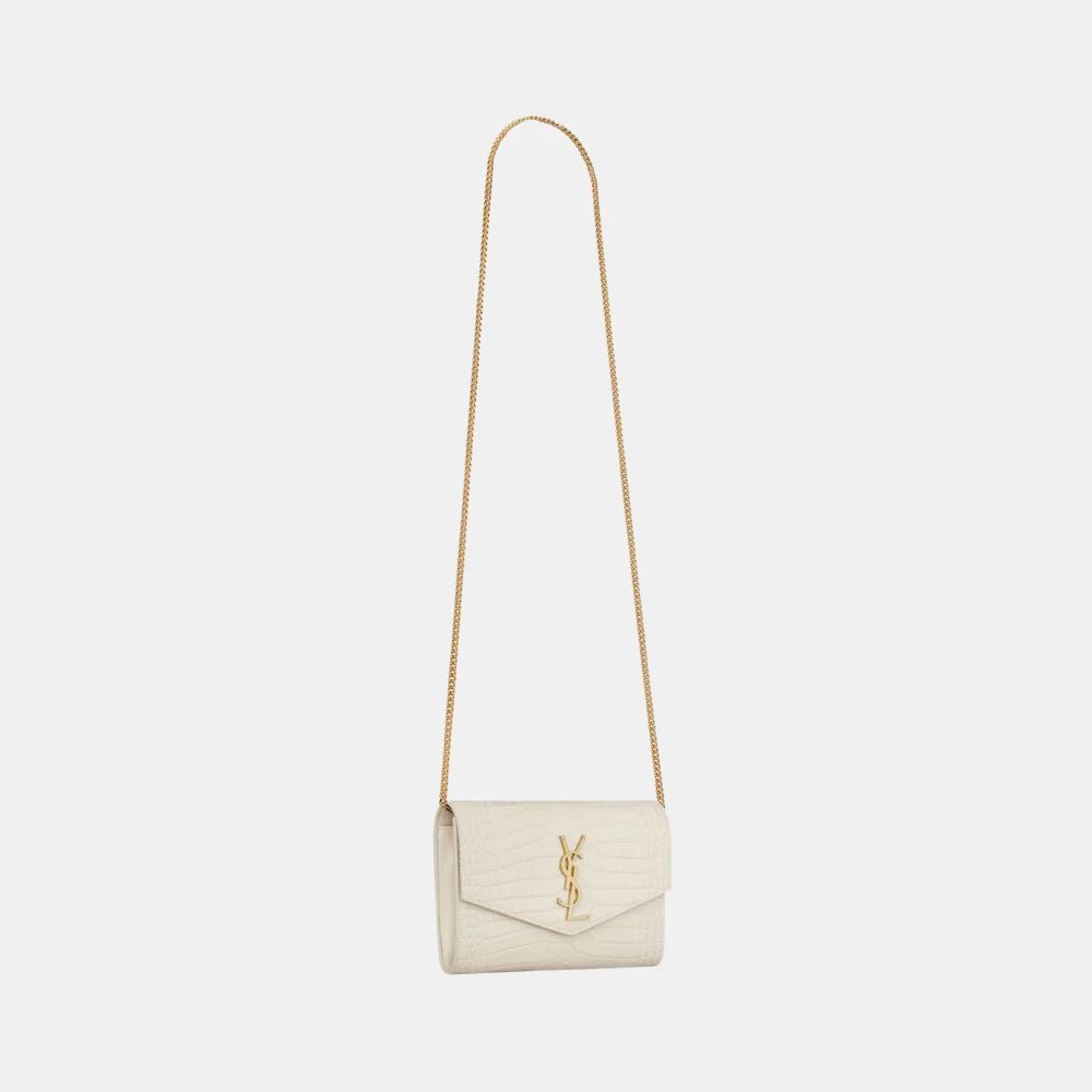 Saint Laurent Uptown Chain Wallet in Croc - Embossed Leather (White) - DIVA ONLINE STORE