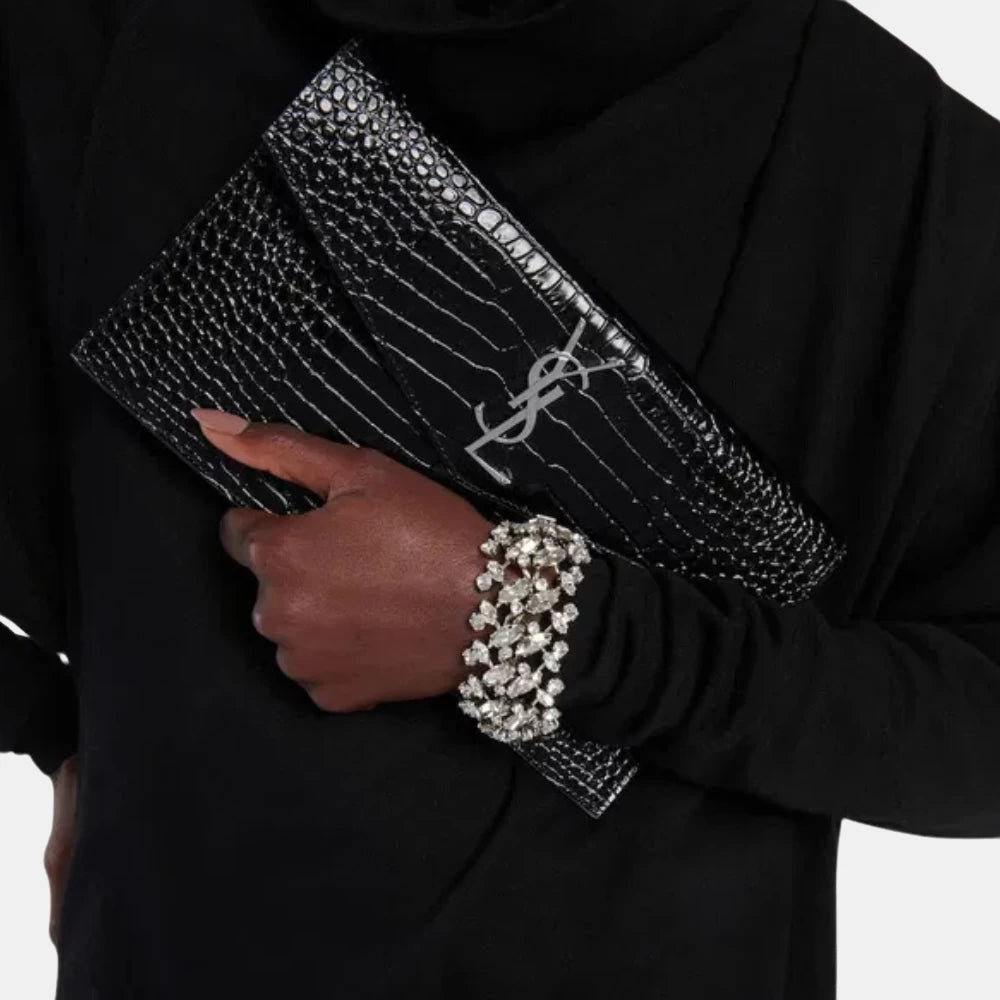 Saint Laurent Uptown Croc - Embossed Clutch (Black/Silver) - DIVA ONLINE STORE