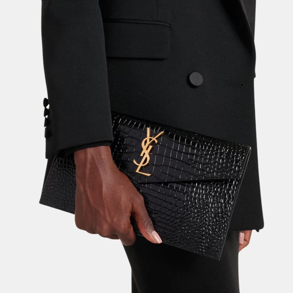 Saint Laurent Uptown Croc - Embossed Clutch (Black/Gold) - DIVA ONLINE STORE