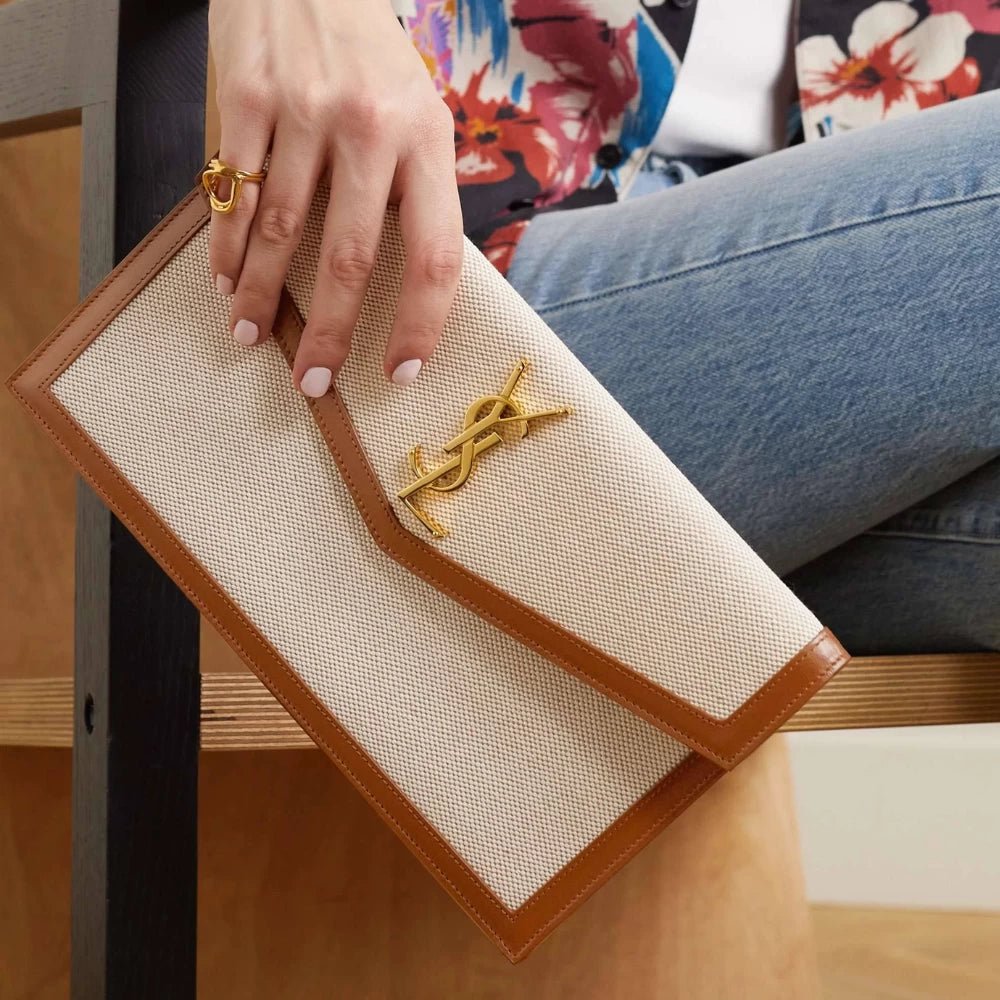 Saint Laurent Uptown Cotton - Canvas Clutch (Tan) - DIVA ONLINE STORE