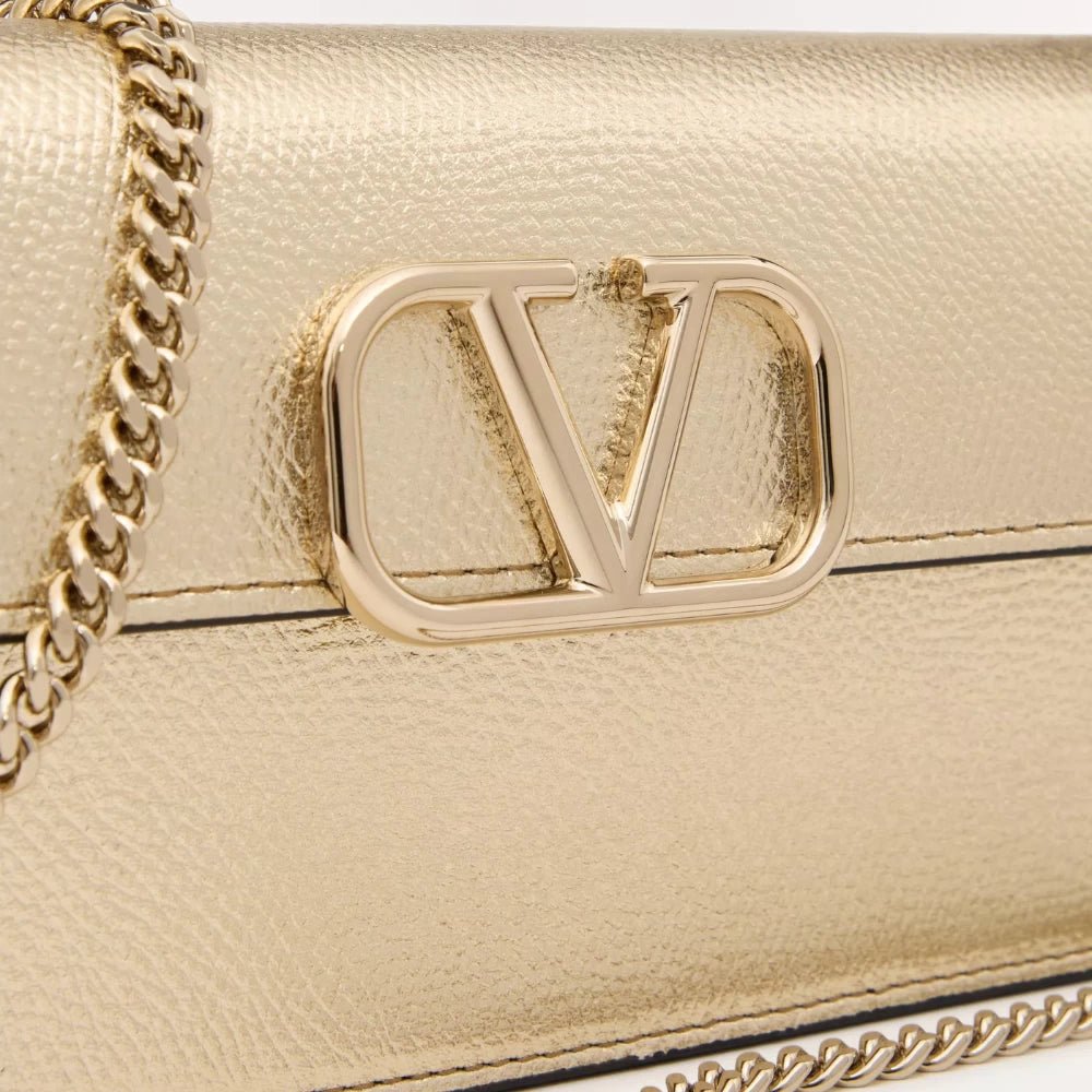 Valentino Vlogo Signature Metallic Grainy Calfskin Wallet With Chain - DIVA ONLINE STORE