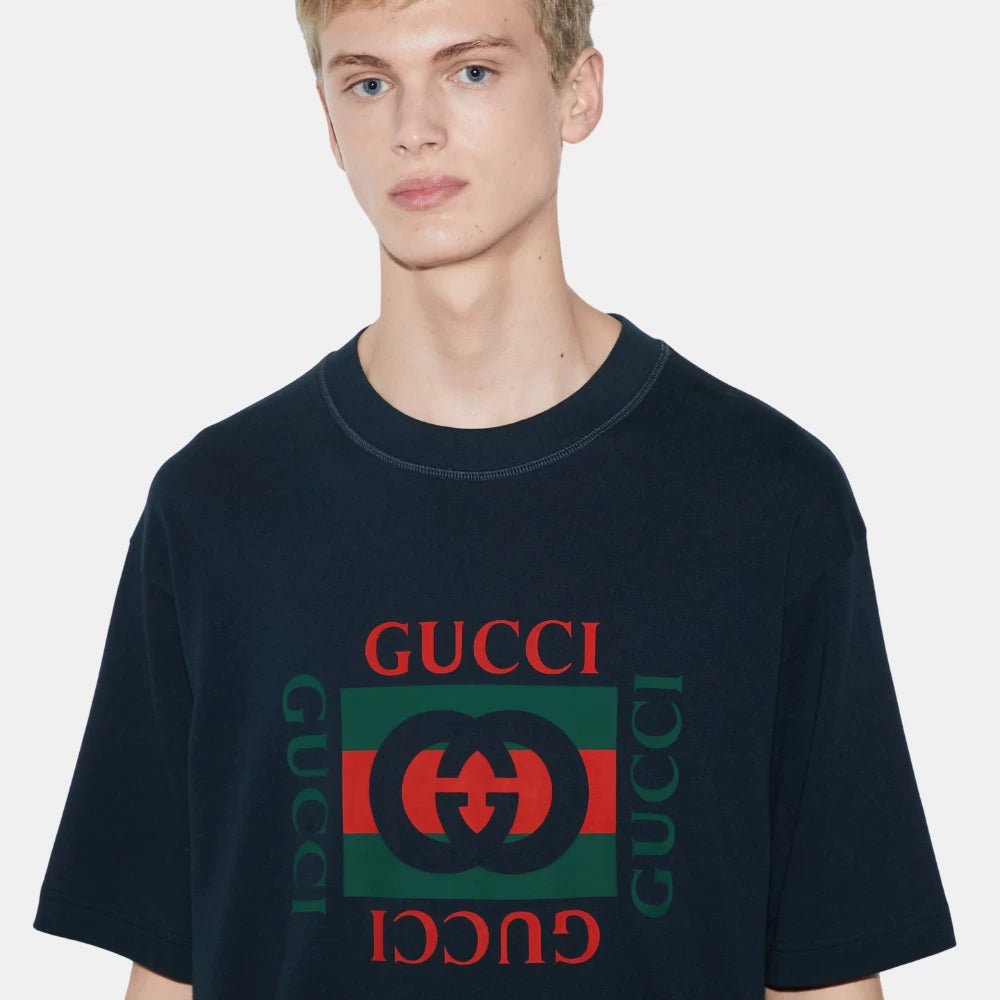 Gucci Navy T-Shirt With Gucci Print - DIVA ONLINE STORE