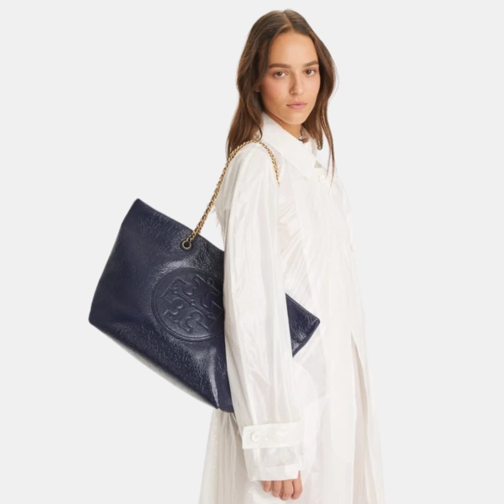 Tory Burch Ella Crinkle Patent Chain Tote (Tory Navy) - DIVA ONLINE STORE