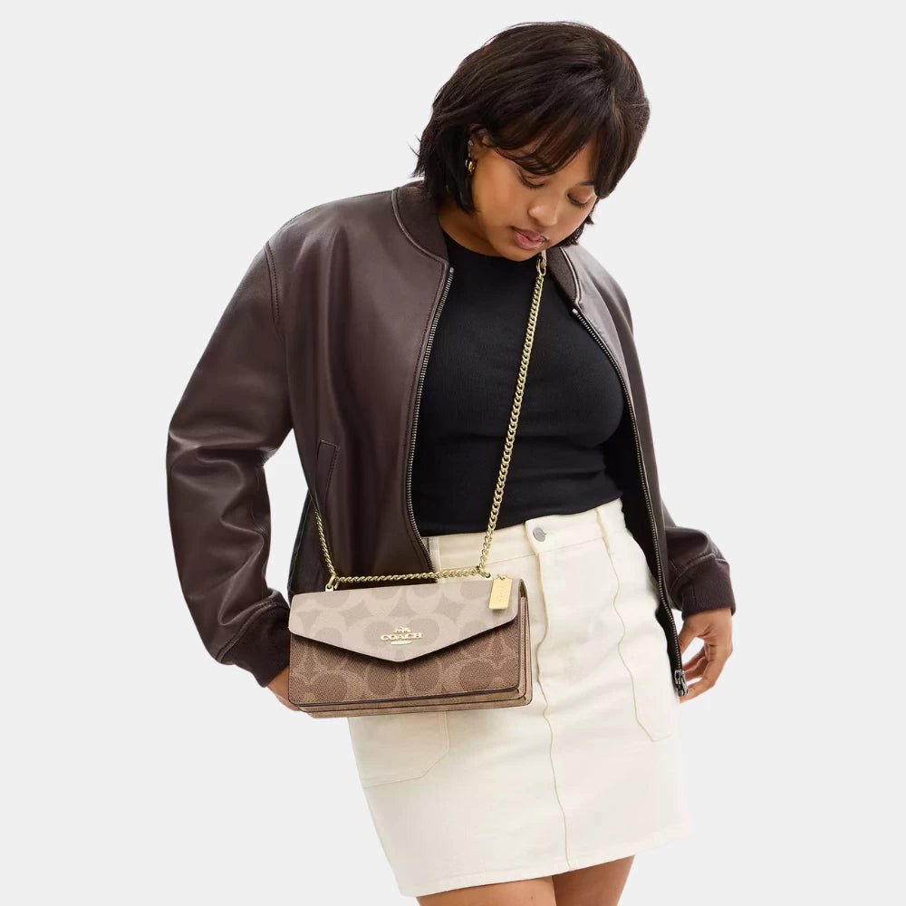 Coach Klare Envelope Crossbody Bag In Blocked Signature Canvas (Sand/Tan) - DIVA ONLINE STORE